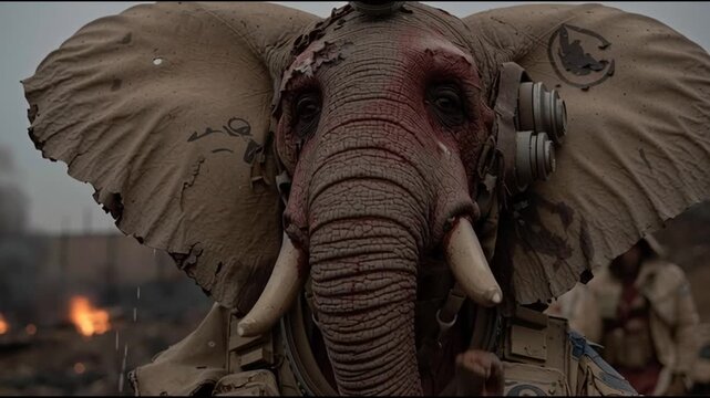 make a travelling in on the character that looks up and close his eyes and cry, there are explosions behind him, Dust passing through his face, its blue hour, IMAX format 91_51 1_4K_10s