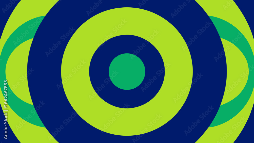 Poster concentric circles and arcs in blue, green, and lime yellow creating a hypnotic effect pattern backg