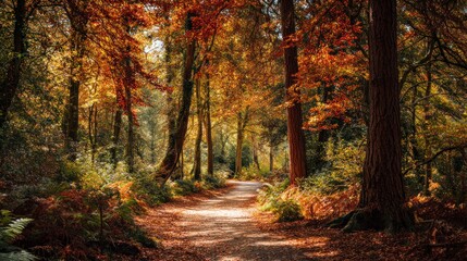 Autumn foliage path through forest