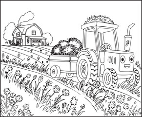 Beautiful tractor in field coloring page activity book for kids, line art vector for design elements 