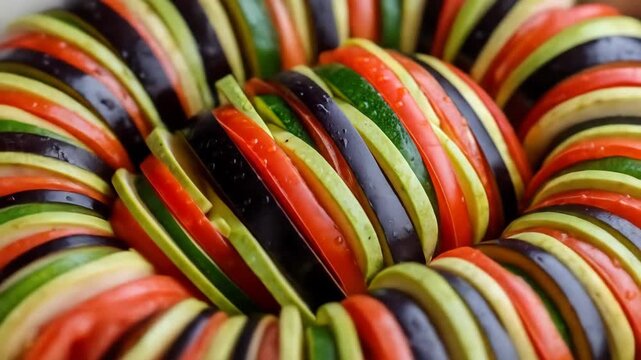 Close-up of sliced vegetable arrangement with vibrant colors