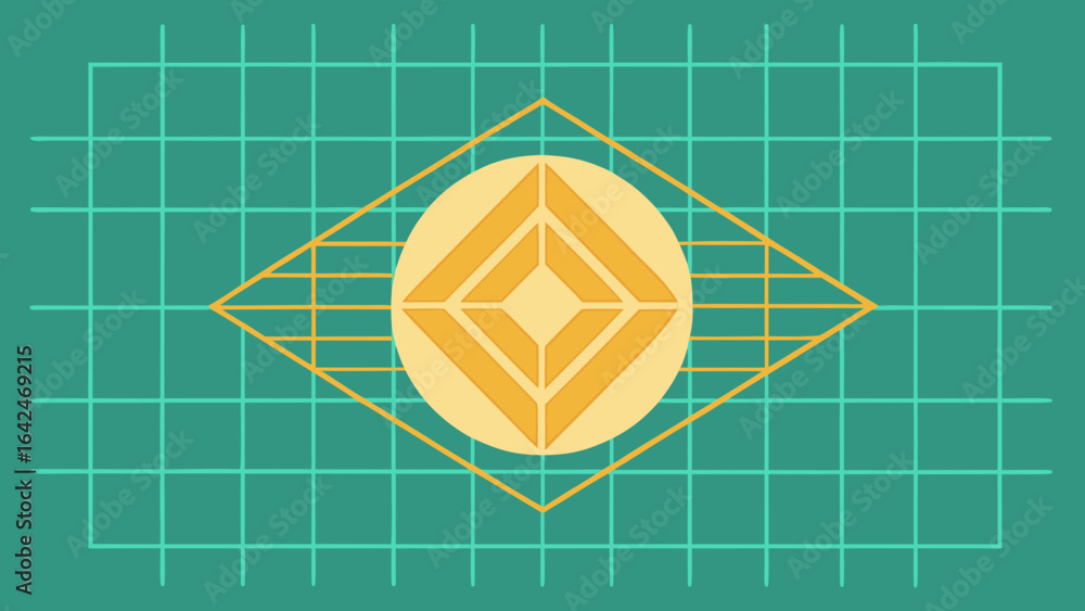 Aufkleber geometric diamond shape with grid pattern and yellow abstract symbol on teal background vector illus