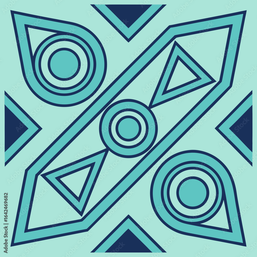 Poster geometric mandala-like pattern with circles and triangles in teal and blue symmetrical
