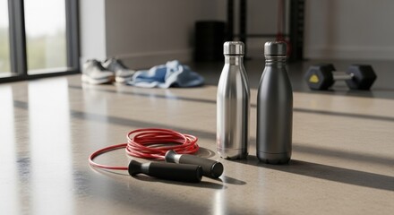 Stainless bottles and jump rope on gym floor with workout gear in background.