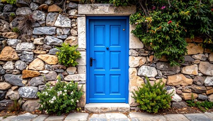 Vibrant blue door in stone wall
