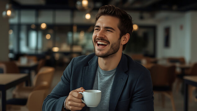 Laughing man in a cafe with a mug and bokeh lights. Perfect for lifestyle blogs, social media posts, and advertising campaigns. - Powered by Adobe