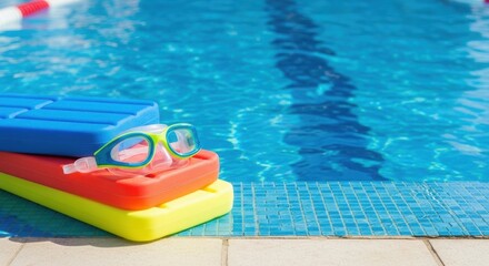 Colorful kickboards and goggles by a swimming pool on a sunny day.