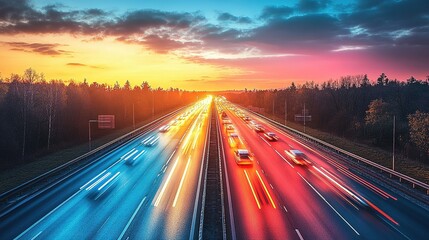 Highway with cars at sunset or sunrise with motion blur and vibrant colors.