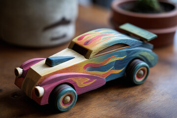 Detail of a hand-painted plywood toy car in bright colors