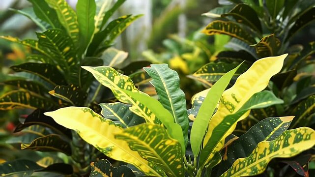 Bright Yellow and Green Croton Plant Leaves Displaying Natural Textures And Vibrant Colors
