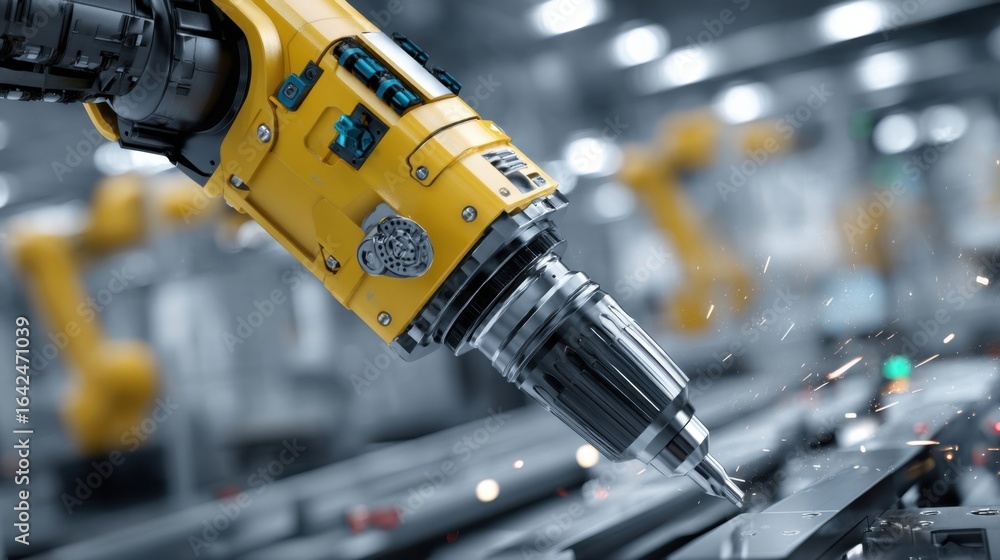 Poster detailed view of a toolchanger robots gripper gripping a power drill showcasing the robust engineeri