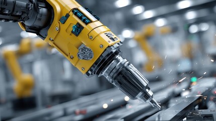 Detailed view of a toolchanger robots gripper gripping a power drill showcasing the robust engineering and precision alignment required for tool switching while the surrounding workspace