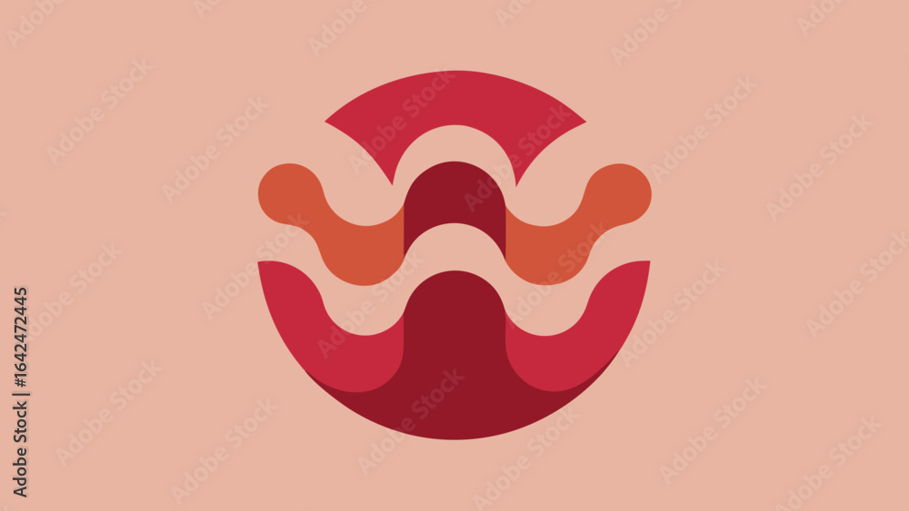 Poster stylized wavy shape in red and orange tones within a circle abstract wave