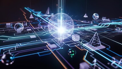 Abstract digital network with glowing orb and geometric shapes - Powered by Adobe