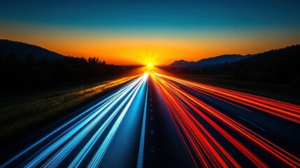 Obraz premium Highway at sunset with light trails creating blue and red streaks.