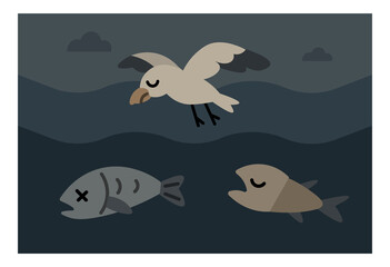 An illustration showing the harmful effects of marine pollution, featuring dead fish, a seabird, and floating plastic waste such as bottles, a bag, and snack packaging in dark ocean waters. Suitable f
