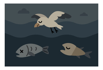 An illustration showing the harmful effects of marine pollution, featuring dead fish, a seabird, and floating plastic waste such as bottles, a bag, and snack packaging in dark ocean waters. Suitable f