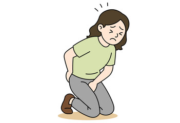 An illustration of a woman experiencing severe urinary urgency, holding her lower abdomen in discomfort. Suitable for use in medical and health awareness materials, urology-related articles, education