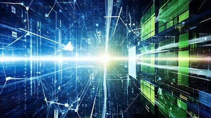 Abstract digital cityscape with glowing network lines and green panels - Powered by Adobe