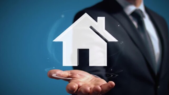 Real estate digital interface with floating house icons above a businessman's hand, no human face
