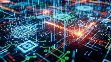 Glowing circuit board with digital data streams - Powered by Adobe