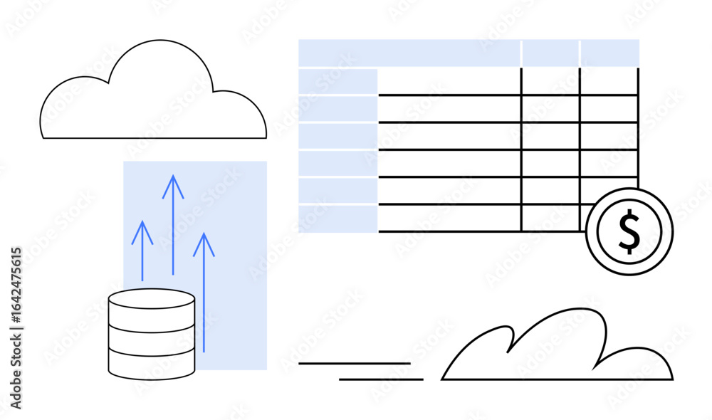 Poster cloud storage linked to data table with growth arrows, dollar coin, and abstract clouds. ideal for d