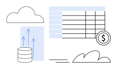 Cloud storage linked to data table with growth arrows, dollar coin, and abstract clouds. Ideal for data management, cloud computing, financial analysis, growth trends, technology, innovation simple