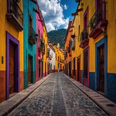 Fototapeta premium A lively street scene featuring vibrant, painted buildings and clear skies.