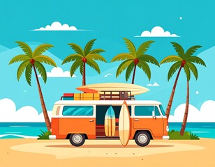Retro van beach trip illustration
