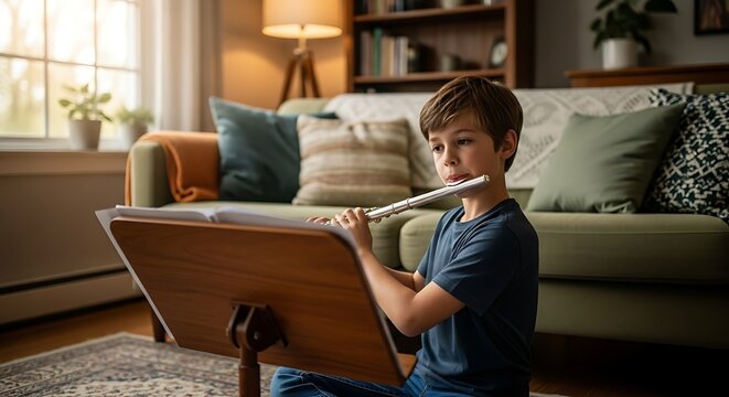 A young boy engrossed in playing a flute while sitting on the floor in a cozy living room. Beside the music stand the living room has a soft lighting