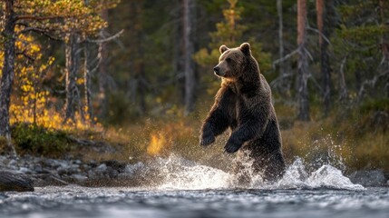 Obraz premium Brown bear standing in river
