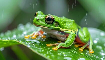 Naklejka premium 雨粒きらめく葉上のリュウキュウアオガエル