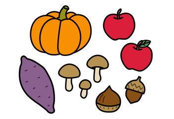 An illustration set of autumn foods including a pumpkin, sweet potato, mushrooms, apples, chestnut, and acorn. Suitable for autumn harvest, seasonal menus, Halloween designs, and food-related projects