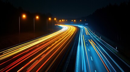 Long exposure shows light trails on a road at night with streetlights.