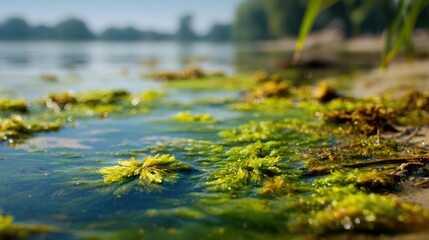 Fototapeta premium Green filamentous algae are growing on the shore of a calm lake on a sunny day, creating a vibrant contrast with the clear water and sandy bottom