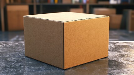 A single cardboard box sitting on a textured surface in a blurred warehouse environment background