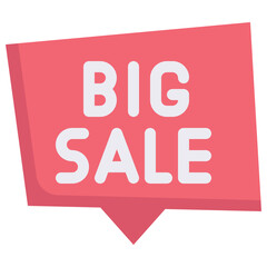 Promotional big sale announcement with bold white text on a red speech bubble shape