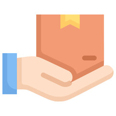 Hand holding a cardboard box with a yellow ribbon on top representing delivery and shipping services