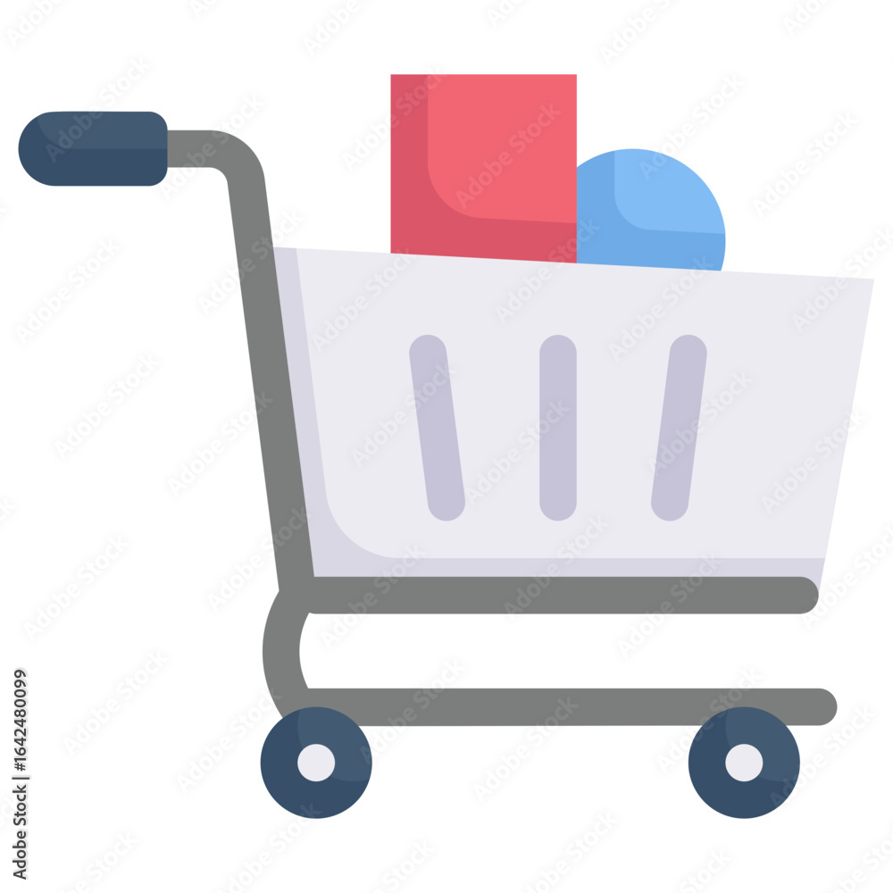 Poster a simple flat design illustration of a shopping cart filled with various items like boxes and a ball