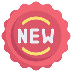 Flat design icon of a red circular badge with the word new in white and yellow accents