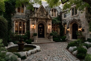 Grand luxury estate with ornate stone entrance high resolution wallpaper