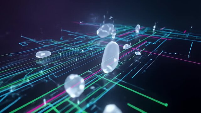 Crystalline objects float above a digital grid of neon lines