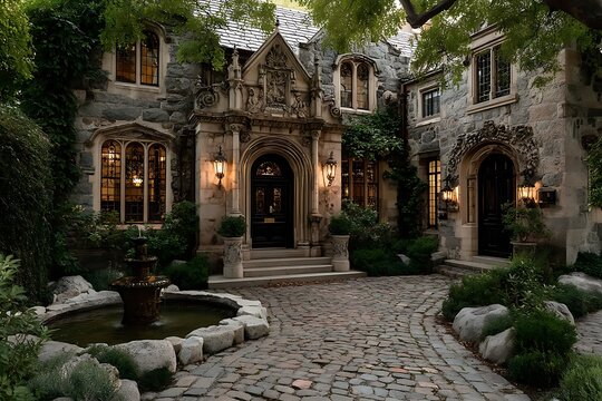 Fototapeta Grand luxury estate with ornate stone entrance high resolution wallpaper