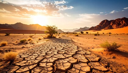 Dramatic sunset over cracked dry earth in a desert landscape

