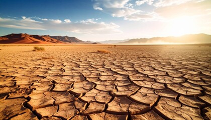 Dramatic sunset over cracked dry earth in a desert landscape

