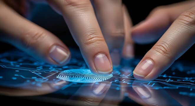 Close up of a person's fingers interacting with a futuristic glowing digital interface scanning a fingerprint for advanced biometric security and data access