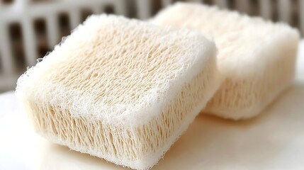 Natural loofah sponges displayed on white surface, photographed with 50mm lens, detailed macro focus on fibrous structure and warm beige tones, diffused natural lighting