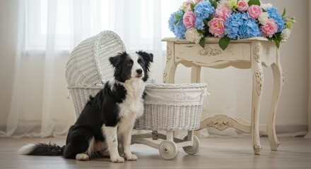Elegant border collie portrait alongside a vintage pram with floral arrangement