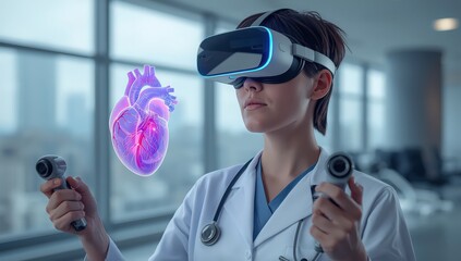 Doctor using vr headset examining a digital heart with controllers in a modern hospital setting