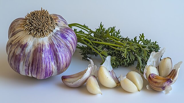 Natural arrangement of whole garlic bulb and peeled cloves, taken with 50mm prime lens on mirrorless camera, bright white background highlighting organic shapes and textures